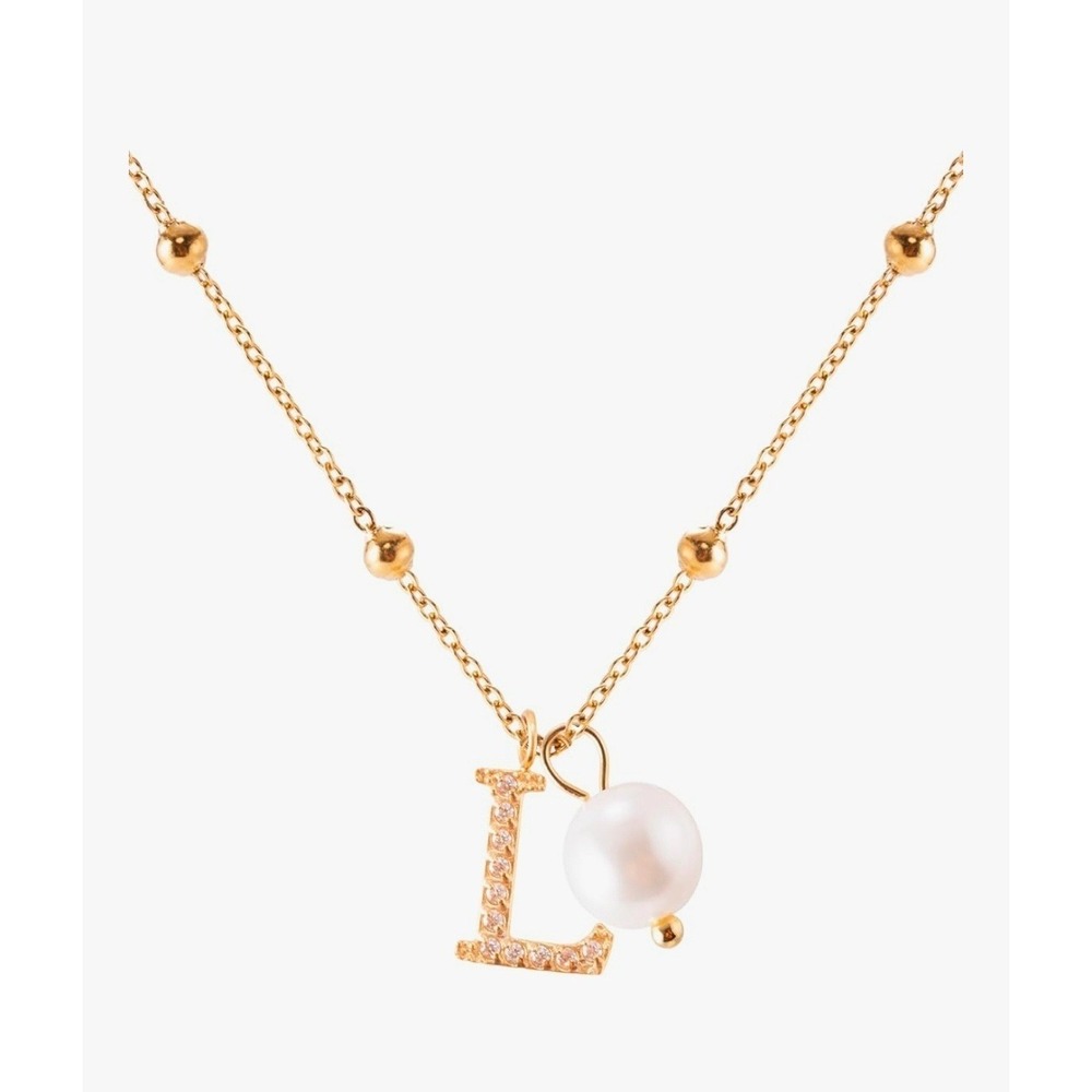 Initial L Necklace Dainty 14K Gold Plated Pearl Letter Pendant Stainless Steel‎